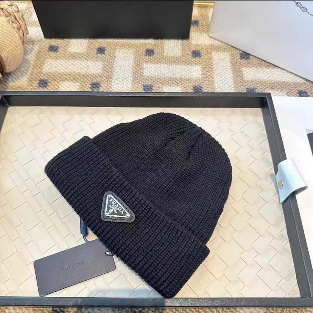 Prada Logo Ribbed Knit Beanie Black - Picture 2 of 4